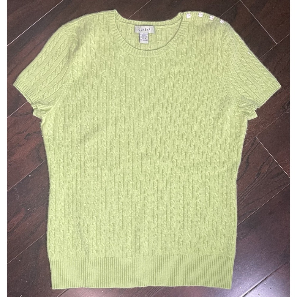 Geneva Sweater Lg Lime Green 100% Cashmere Cable Knit Short Sleeve Minimalist